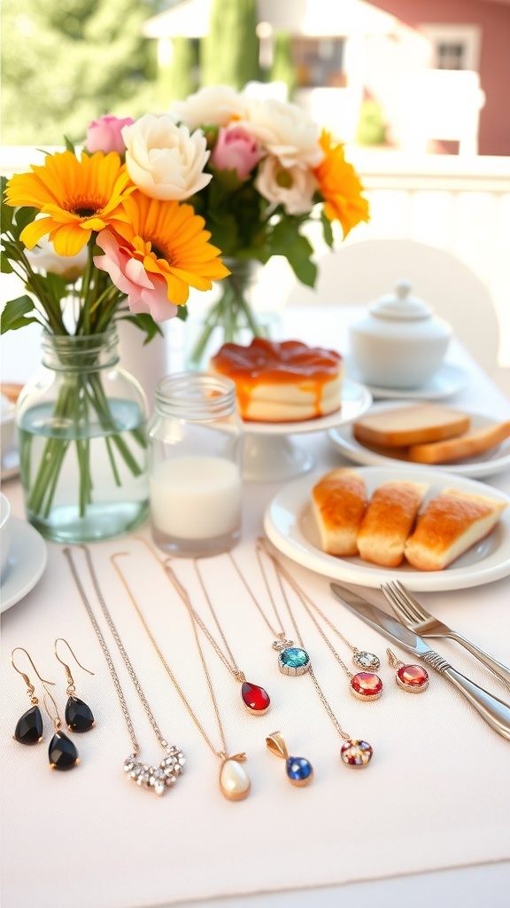 A collection of brunch jewelry including necklaces, earrings, and rings displayed on a table with a brunch setting.